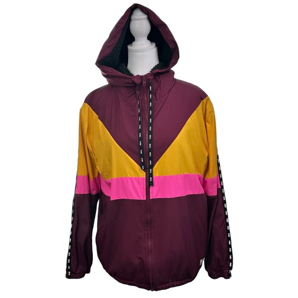 PINK Victoria's Secret Sherpa Lined Hooded Color Block Jacket Oversized Size XS